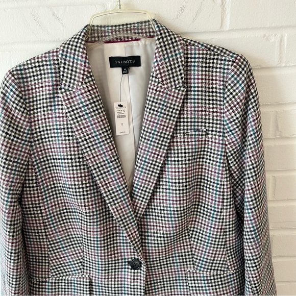 Talbots Long Plaid Blazer multicolored wool blend pink, teal, olive green, ivory - Picture 3 of 7